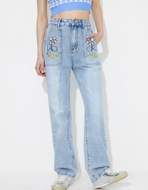 Load image into Gallery viewer, Flower High Rise Straight Leg Jeans with Pockets
