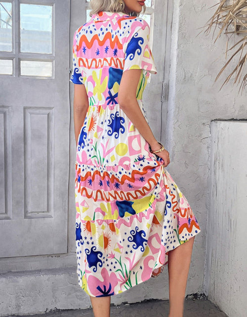 Load image into Gallery viewer, Devine Printed Johnny Collar Button Down Short Sleeve Midi Shirt Dress
