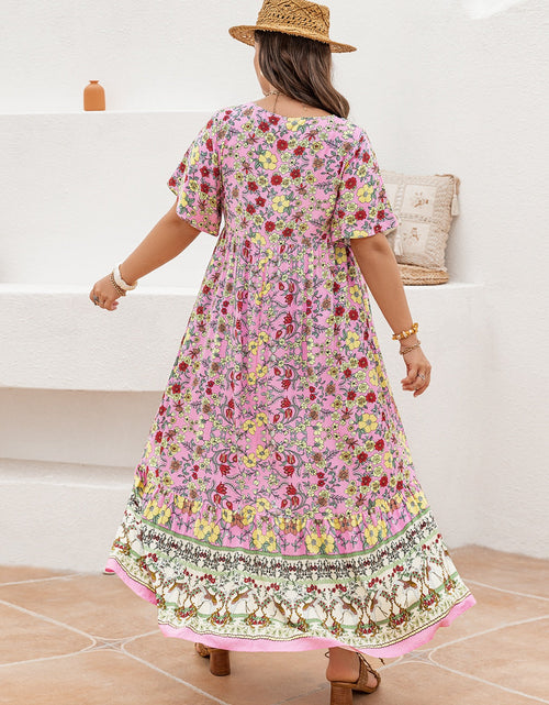 Load image into Gallery viewer, Plus Size Floral Tie Neck Flutter Sleeve Maxi Dress
