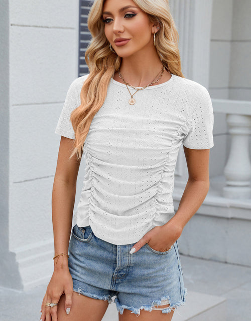 Load image into Gallery viewer, Eyelet Ruched Round Neck Short Sleeve T-Shirt
