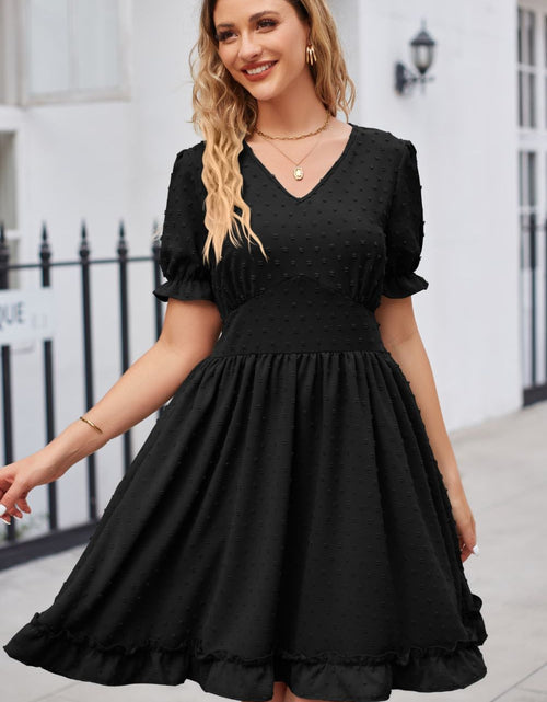 Load image into Gallery viewer, Swiss Dot Frill Trim Flounce Sleeve V-Neck Dress
