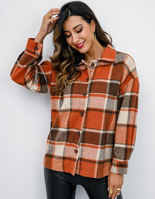 Load image into Gallery viewer, Shiny Plaid Button Up Collared Neck Jacket
