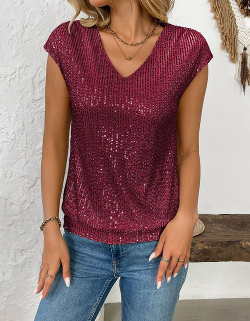 Load image into Gallery viewer, Sequin V-Neck Cap Sleeve Top

