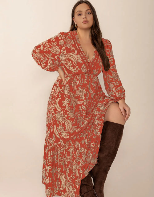 Load image into Gallery viewer, Plus Size Lace Detail Printed Balloon Sleeve Midi Dress

