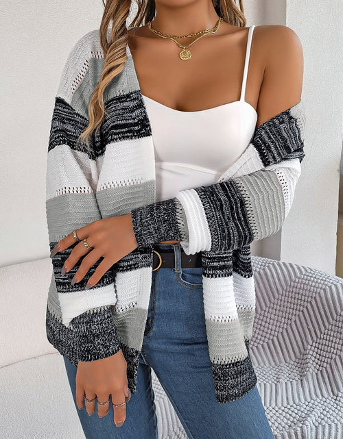 Load image into Gallery viewer, Openwork Striped Open Front Cardigan
