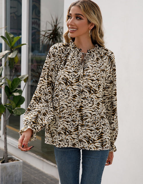 Load image into Gallery viewer, Ivy Lane Printed Tie Neck Frill Trim Flounce Sleeve Blouse
