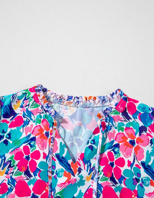 Load image into Gallery viewer, Mixed Floral Print Tie Neck Short Sleeve Dress
