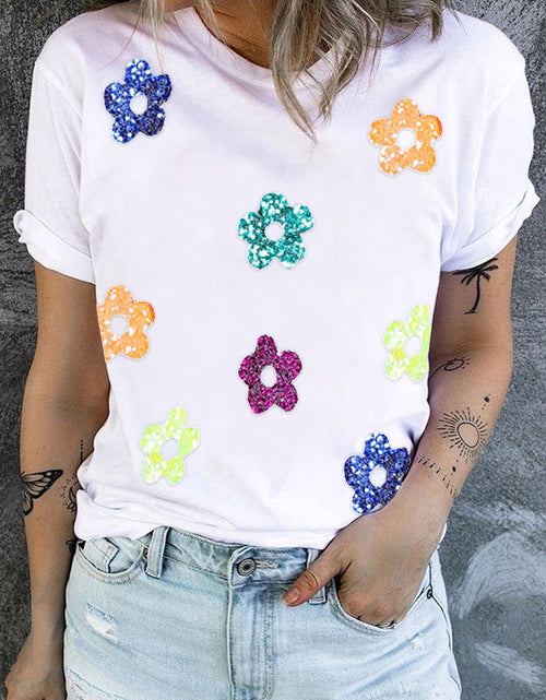 Load image into Gallery viewer, Sequin Flower Round Neck Short Sleeve T-Shirt
