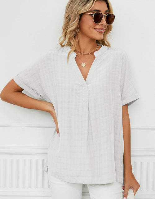 Load image into Gallery viewer, Side Slit Notched Neck Cuffed Short Sleeve Blouse
