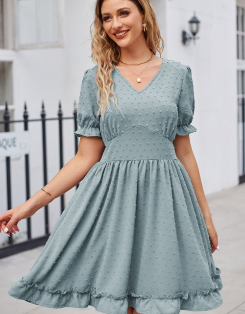 Load image into Gallery viewer, Swiss Dot Frill Trim Flounce Sleeve V-Neck Dress
