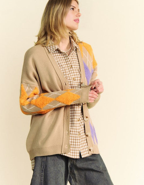 Load image into Gallery viewer, Davi &amp; Dani Argyle V-Neck Dropped Shoulder Cardigan
