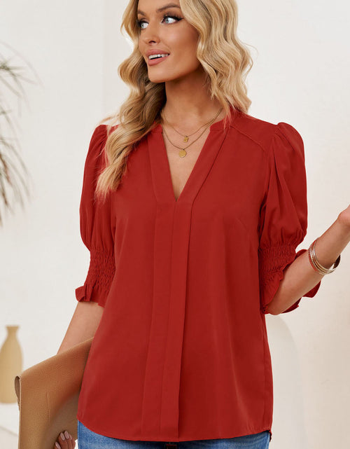 Load image into Gallery viewer, Smocked Flounce Sleeve Notched Neck Blouse
