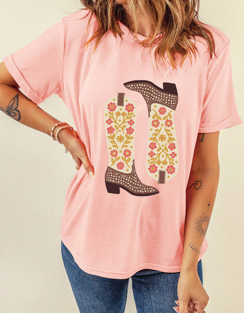 Load image into Gallery viewer, Boot Graphic Round Neck Short Sleeve T-Shirt
