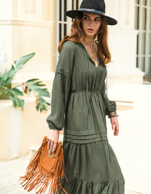 Load image into Gallery viewer, Tie Neck Long Sleeve Midi Tiered Dress
