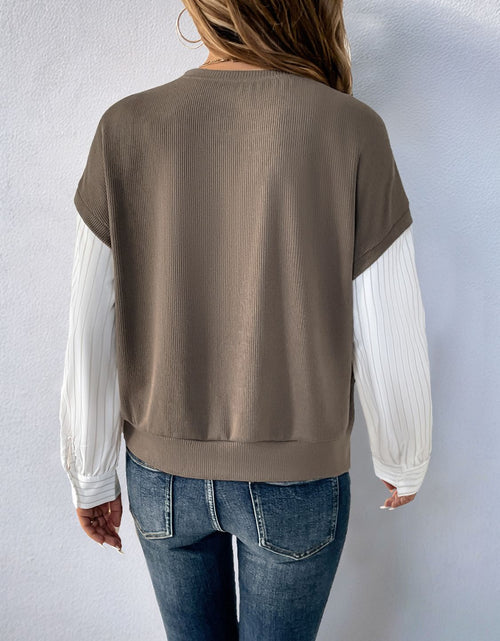 Load image into Gallery viewer, Perfee Round Neck Striped Sleeve Sweatshirt
