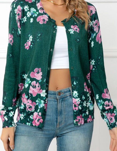 Load image into Gallery viewer, Woven Right Floral Button Front Round Neck Cardigan

