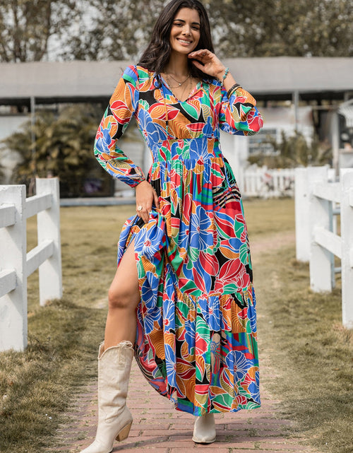 Load image into Gallery viewer, Printed Smocked Tie Neck Balloon Sleeve Maxi Dress
