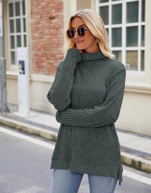 Load image into Gallery viewer, Ribbed Turtleneck Long Sleeve Slit Knit Top
