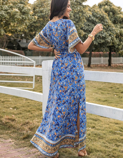 Load image into Gallery viewer, Slit Printed V-Neck Half Sleeve Maxi Dress
