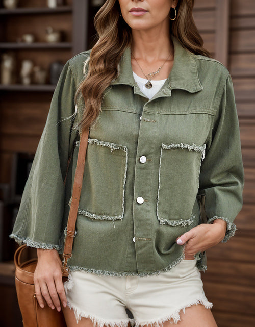Load image into Gallery viewer, Raw Hem Button Up Denim Jacket
