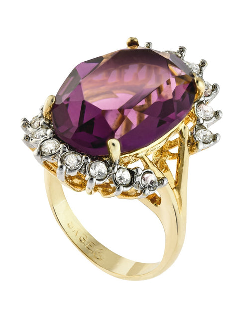 Load image into Gallery viewer, Vintage 1970's Ring Ruby and Clear Austrian Crystals 18k Yellow Gold Plated Band Made in USA by PVD Vintage Jewelry
