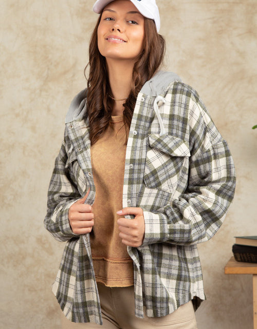 Load image into Gallery viewer, Drawstring Plaid Long Sleeve Hooded Jacket
