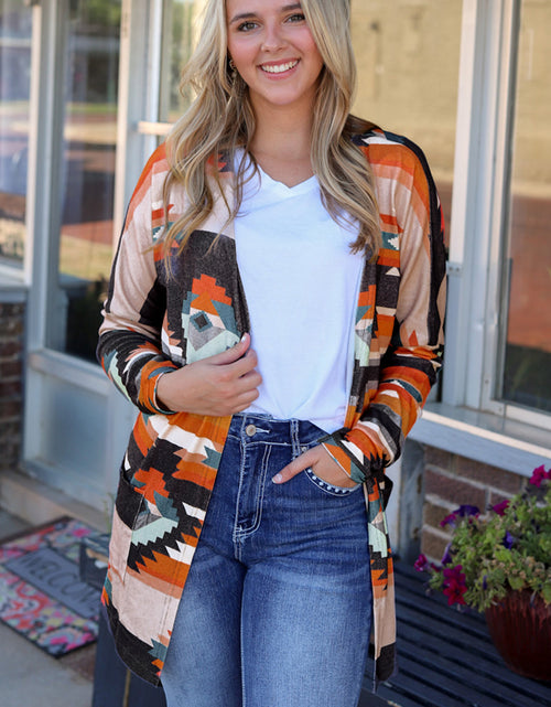 Load image into Gallery viewer, Geometric Open Front Long Sleeve Cardigan with Pockets
