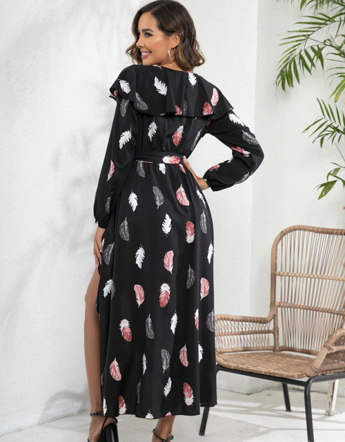 Load image into Gallery viewer, Printed Tie Front Ruffle Trim Long Sleeve Dress
