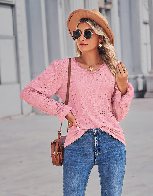 Load image into Gallery viewer, Eyelet V-Neck Flounce Sleeve Blouse
