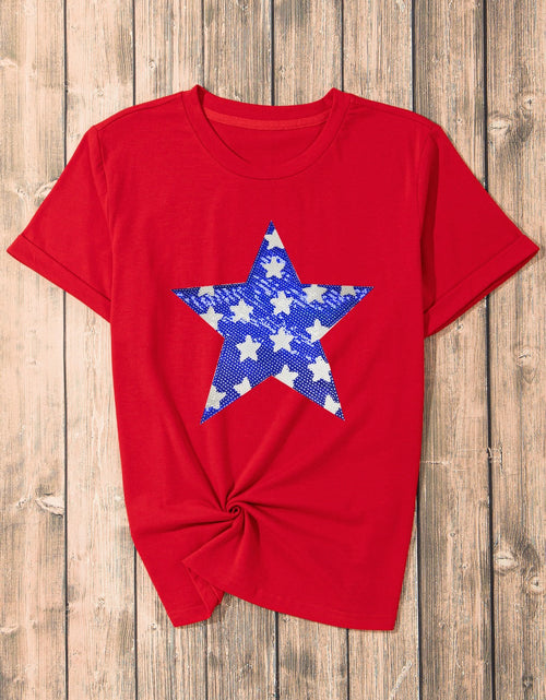 Load image into Gallery viewer, Sequin Star Round Neck Short Sleeve T-Shirt
