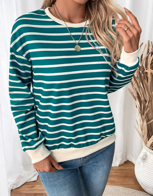 Load image into Gallery viewer, Perfee Striped Contrast Round Neck Long Sleeve Sweatshirt
