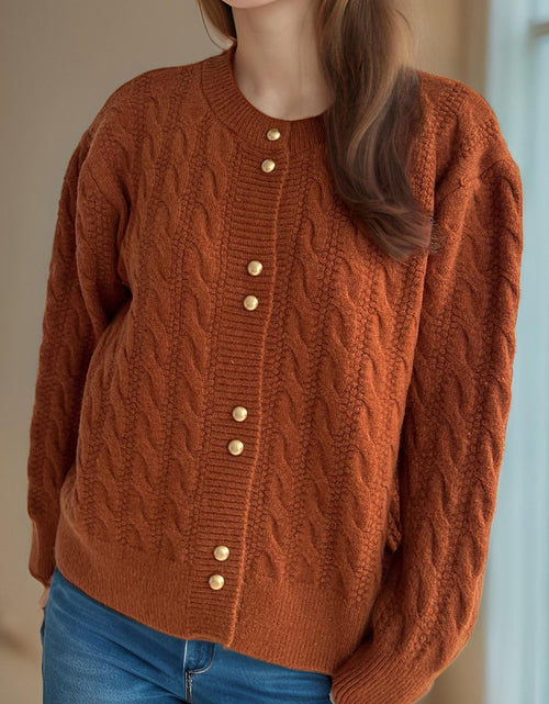 Load image into Gallery viewer, Cable-Knit Round Neck Long Sleeve Cardigan

