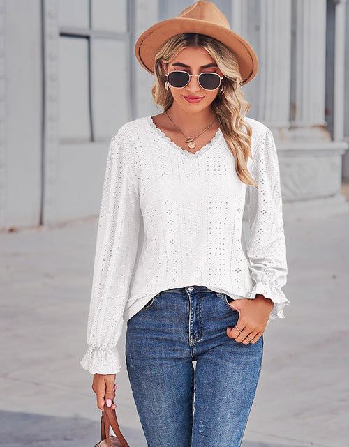 Load image into Gallery viewer, Eyelet V-Neck Flounce Sleeve Blouse
