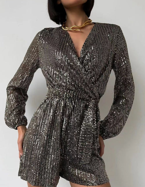 Load image into Gallery viewer, Full Size Sequin Surplice Tie Waist Long Sleeve Romper
