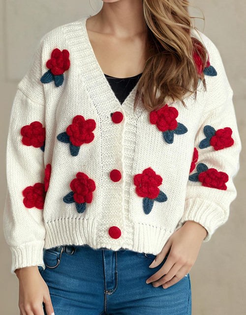 Load image into Gallery viewer, Flower Button Down V-Neck Long Sleeve Cardigan

