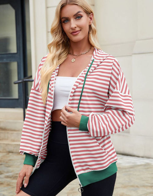 Load image into Gallery viewer, Drawstring Striped Zip Up Long Sleeve Hoodie
