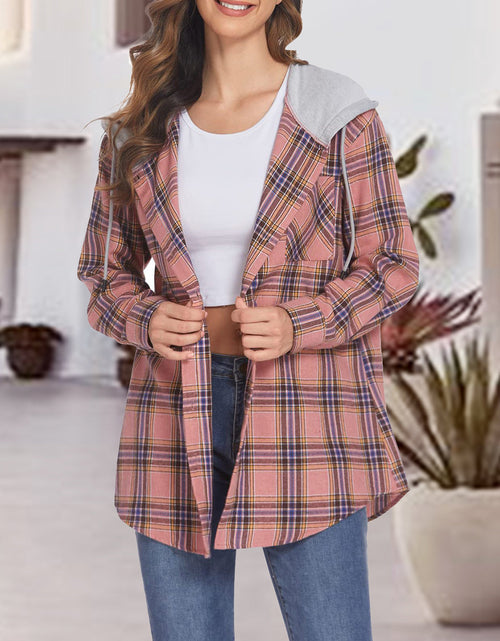 Load image into Gallery viewer, Plaid Drawstring Button Up Hooded Jacket

