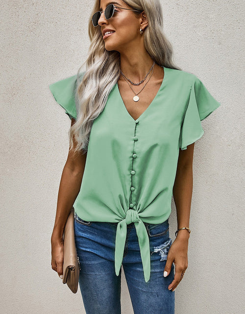 Load image into Gallery viewer, V-Neck Tie Hem Flutter Sleeve Blouse
