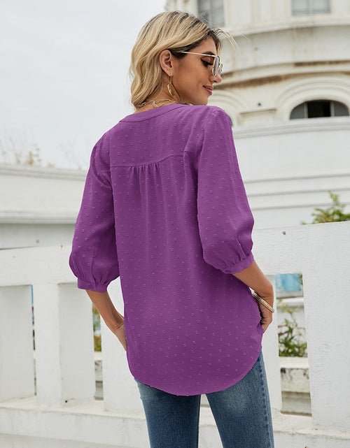 Load image into Gallery viewer, Swiss Dot Notched Neck Three-Quarter Sleeve Blouse
