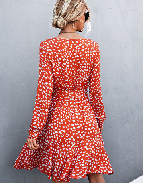 Load image into Gallery viewer, Printed V-Neck Tie Belt Ruffle Hem Mini Dress
