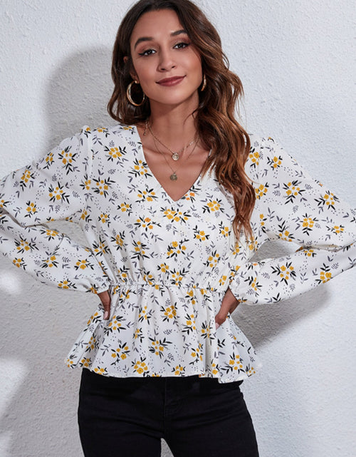 Load image into Gallery viewer, Floral V-Neck Balloon Sleeve Peplum Blouse
