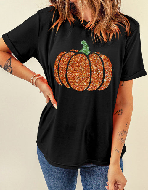 Load image into Gallery viewer, Glitter Pumpkin Round Neck Short Sleeve T-Shirt
