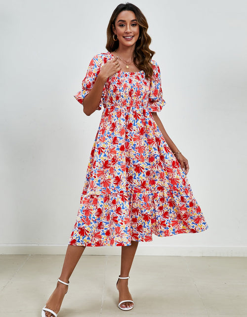 Load image into Gallery viewer, Smocked Floral Square Neck Short Sleeve Dress

