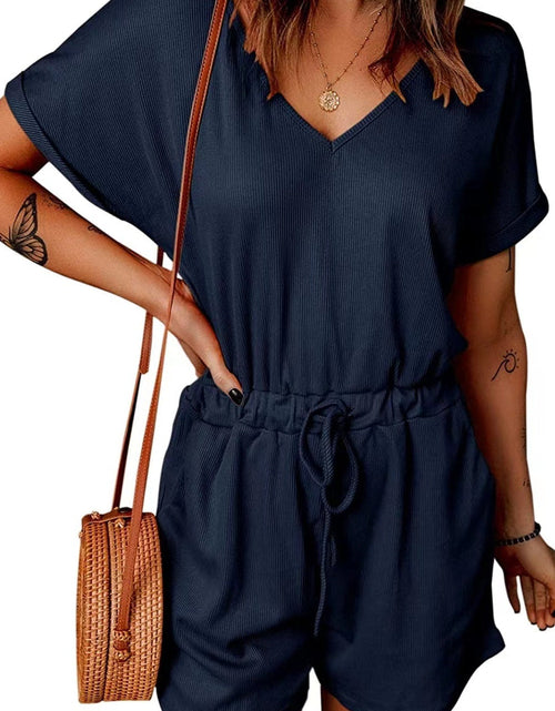 Load image into Gallery viewer, Full Size Drawstring V-Neck Short Sleeve Romper
