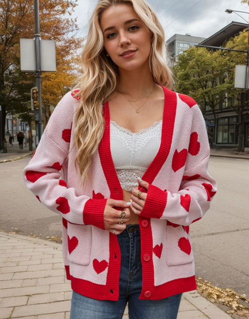Load image into Gallery viewer, Heart Button Up Dropped Shoulder Long Sleeve Cardigan
