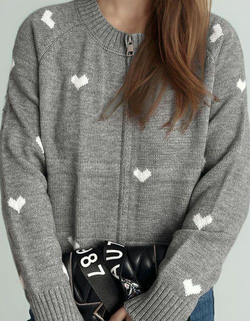 Load image into Gallery viewer, Heart Round Neck Zip Up Cardigan
