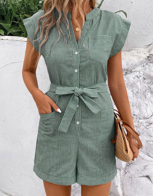 Load image into Gallery viewer, Perfee Striped Notched Tie Waist Romper
