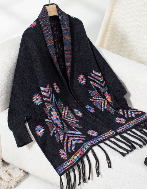 Load image into Gallery viewer, Fringe Geometric Open Front Long Sleeve Cape
