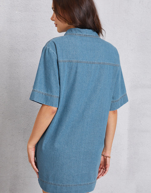 Load image into Gallery viewer, Pocketed Collared Neck Mini Denim Dress
