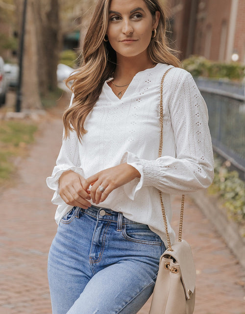 Load image into Gallery viewer, Openwork Notched Flounce Sleeve Blouse
